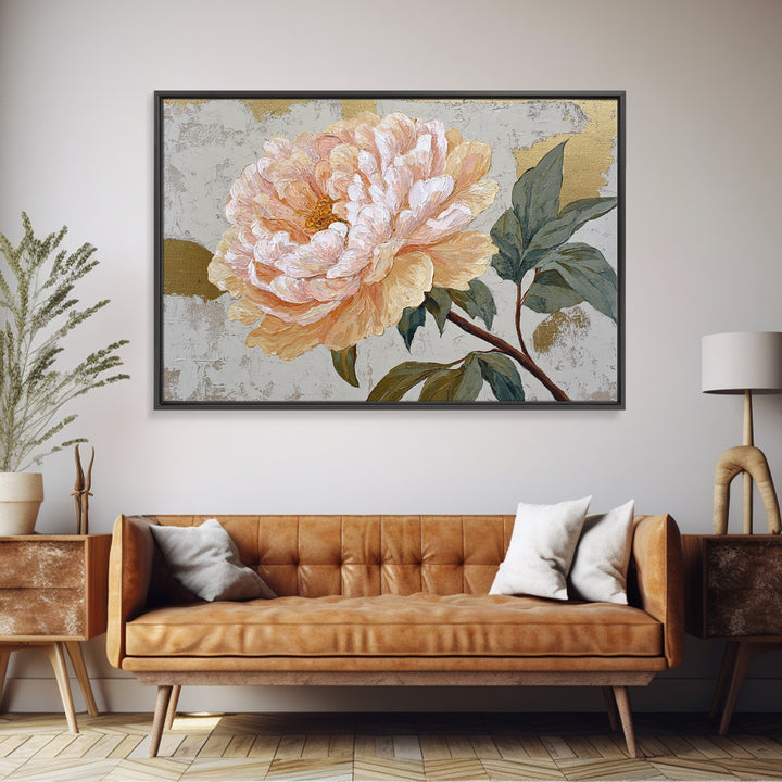 Romantic Oversized Peony Bloom on Warm Linen Framed Canvas Print, Above Bed Art, Boho Wall Decor, Bedroom Decor, Abstract Art, ABA-3x2-78