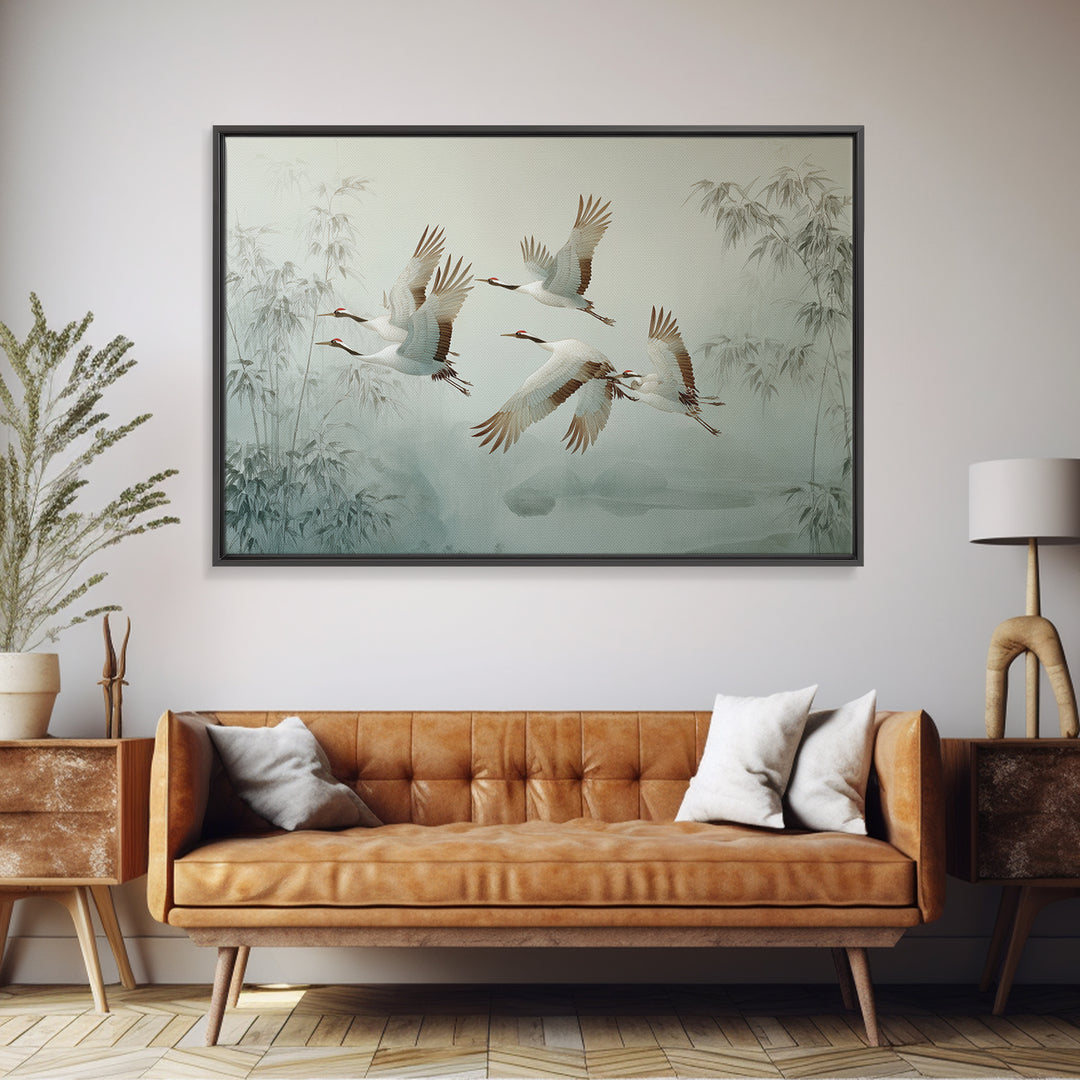 Ethereal Cranes Flying Through Pale Morning Mist Framed Canvas Print, Above Bed Art, Bedroom Wall Art, Bedroom Decor, Serenity, ABA-3x2-85