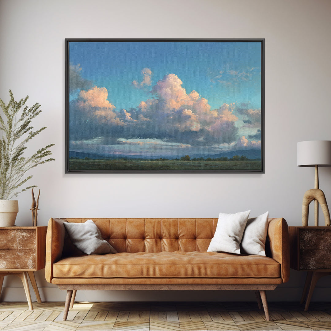 Tranquil Cloudscape with Blush Undertones Framed Canvas Print, Above Bed Art, Printable Art, Bedroom Decor, Fine Art, Serenity, ABA-3x2-9