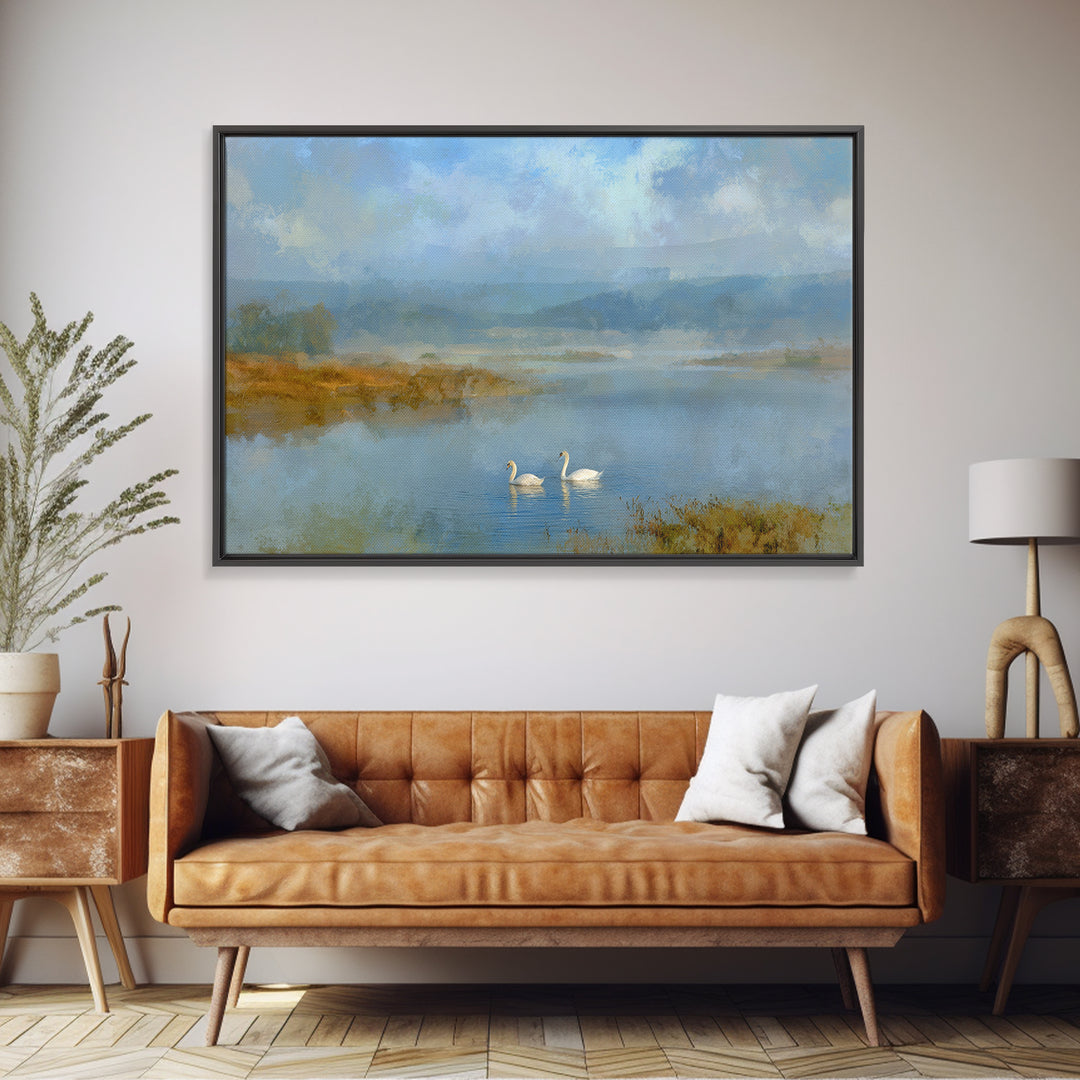 Paired Swans in a Dreamy Painterly Lake Canvas Print, Above Bed Art, Sage Green Wall Art, Bedroom Decor, Oil Painting, Serenity, ABA-3x2-98