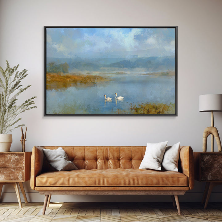 Paired Swans in a Dreamy Painterly Lake Canvas Print, Above Bed Art, Sage Green Wall Art, Bedroom Decor, Oil Painting, Serenity, ABA-3x2-98