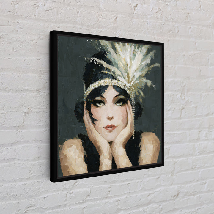 Flapper Portrait with Pearl Strands and Dramatic Framed Canvas Print, Art Deco Art, Gallery Decor, Living Room Decor, Glamour, ADA-1x1-38