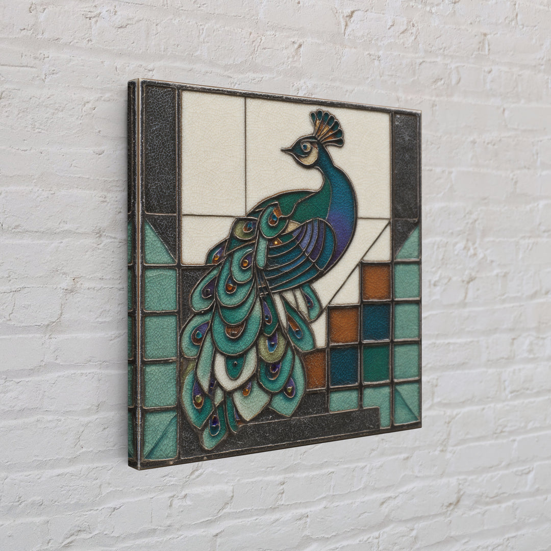 Sleek Peacock with Jeweled Feathers and Stepped Canvas Print, Art Deco Art, Blue Wallpaper, Living Room Decor, Glamour, ADA-1x1-51