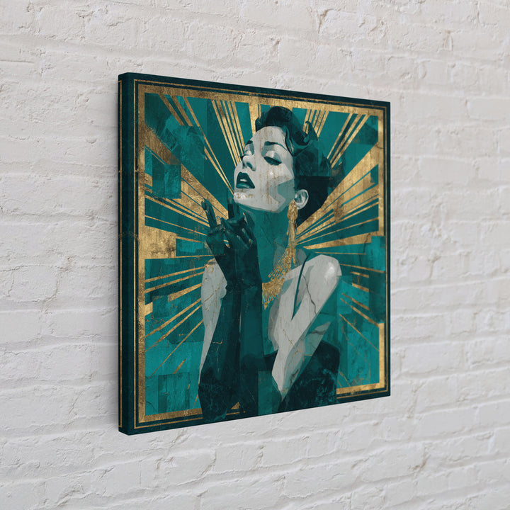 Moonlit Jazz Singer Framed by Gold Lines Canvas Print, Art Deco Art, Fine Art Print, Living Room Decor, Abstract Art, Glamour, ADA-1x1-95