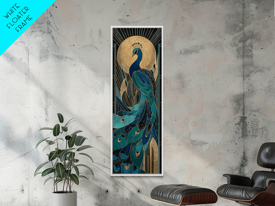 Sleek Peacock with Jeweled Feathers and Stepped Canvas Print, Art Deco Art, Blue Wallpaper, Living Room Decor, Abstract Art, ADA-1x3-63