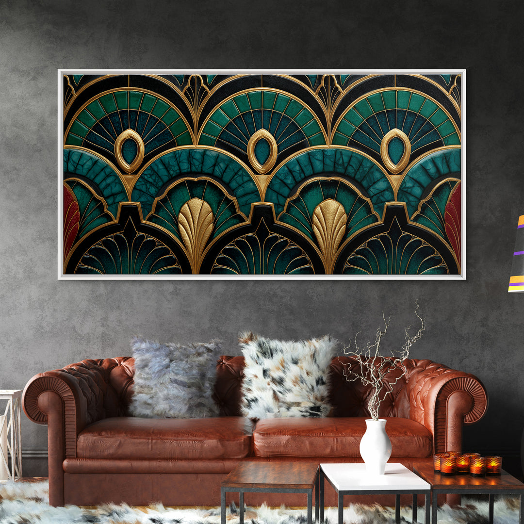 Emerald Peacock Feather Pattern Framed Canvas Print, Art Deco Art, Statement Artwork, Living Room Decor, Fine Art, Glamour, ADA-2x1-20