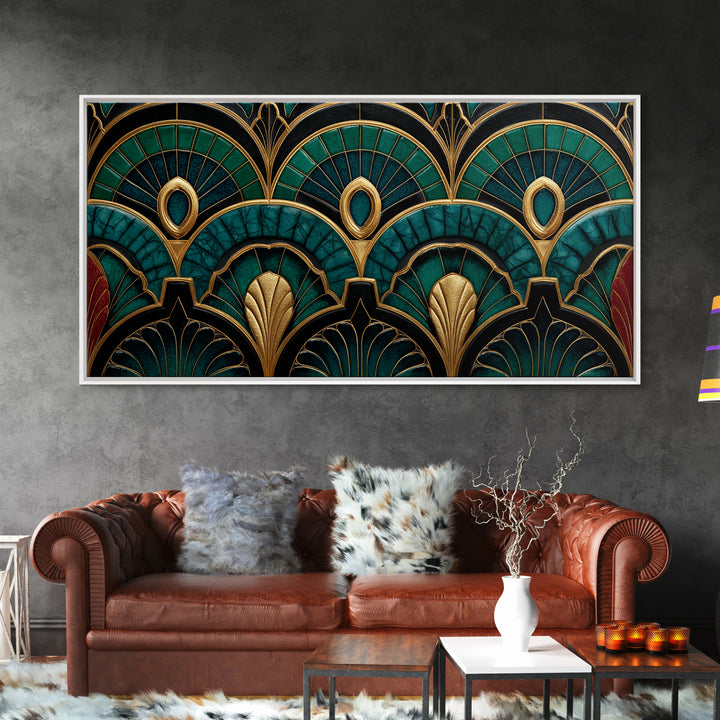 Emerald Peacock Feather Pattern Framed Canvas Print, Art Deco Art, Statement Artwork, Living Room Decor, Fine Art, Glamour, ADA-2x1-20