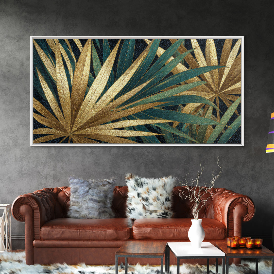 Golden Palm Fronds Arranged Framed Canvas Print, Art Deco Art, Contemporary Art, Living Room Decor, Fine Art, Glamour, ADA-2x1-28