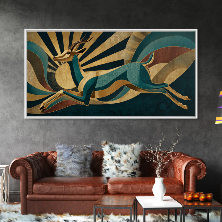 Stylized Gazelle Leaping Through Gold Rays Framed Canvas Print, Art Deco Art, Wall Decor, Living Room Decor, Fine Art, Glamour, ADA-2x1-33