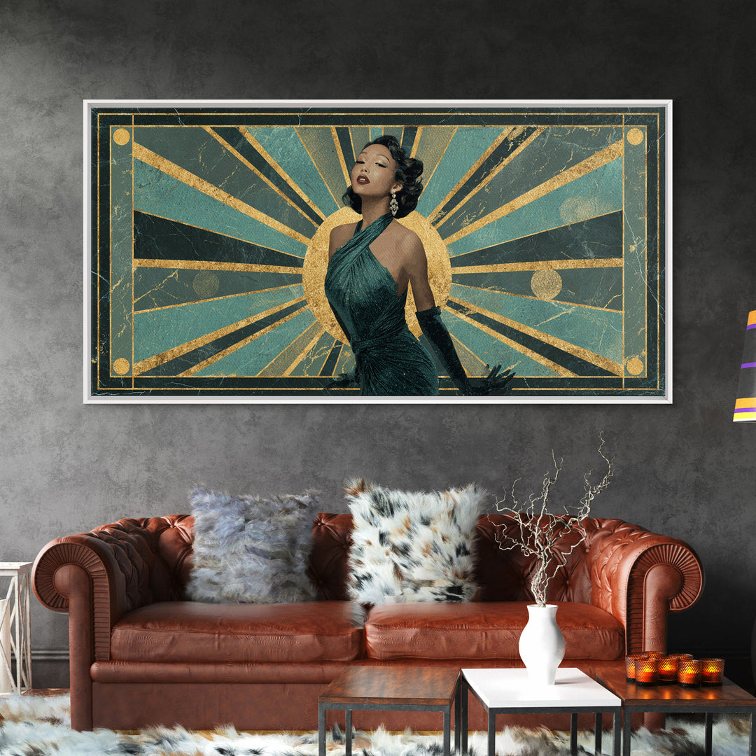 Moonlit Jazz Singer Framed by Gold Lines Framed Canvas Print, Art Deco Art, Digital Art, Living Room Decor, Fine Art, Glamour, ADA-2x1-43