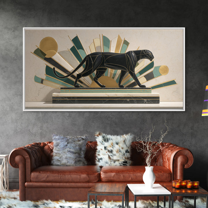 Black Panther Sculpture on a Marble Plinth Framed Canvas Print, Art Deco Art, Gallery Wall Art, Living Room Decor, Glamour, ADA-2x1-79