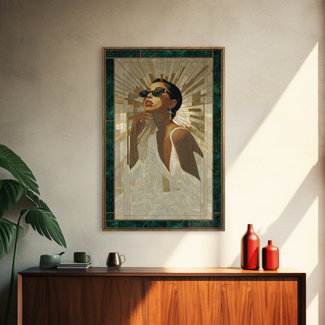 Moonlit Jazz Singer Framed by Gold Lines Canvas Print, Art Deco Art, Boho, Living Room Decor, Abstract Art, Glamour, ADA-2x3-79