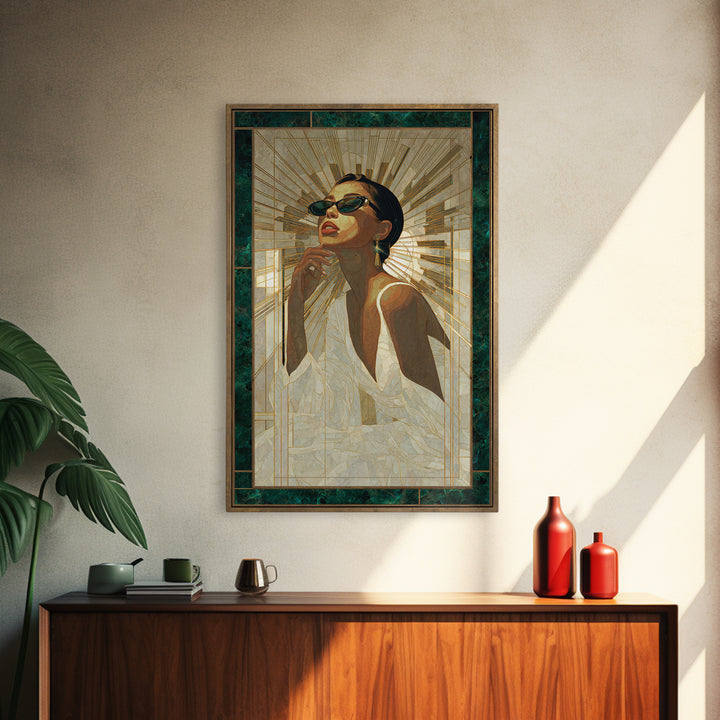Moonlit Jazz Singer Framed by Gold Lines Canvas Print, Art Deco Art, Boho, Living Room Decor, Abstract Art, Glamour, ADA-2x3-79