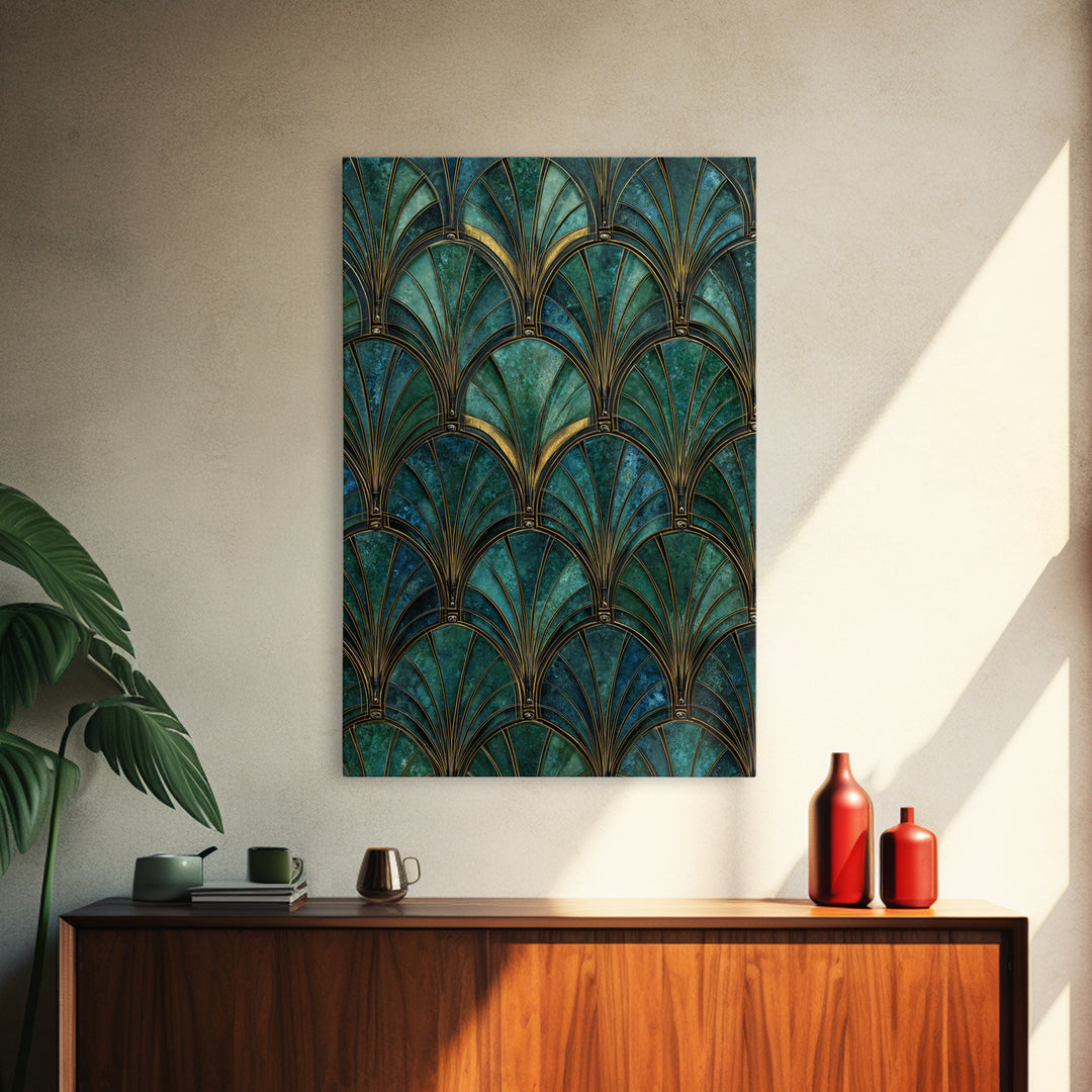 Emerald Peacock Feather Pattern Framed Canvas Print, Art Deco Art, Blue Wallpaper, Living Room Decor, Oil Painting, Glamour, ADA-2x3-8