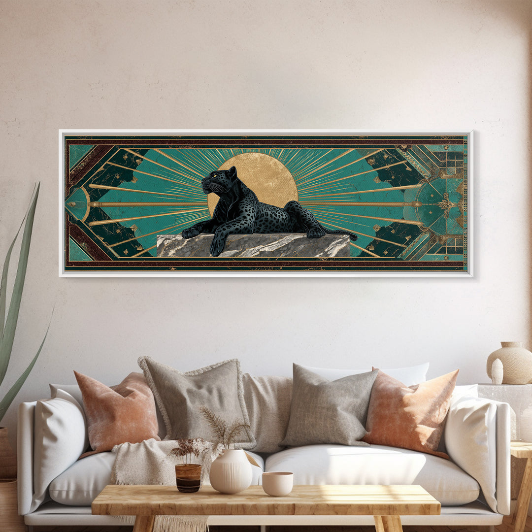 Black Panther Sculpture on a Marble Plinth Framed Canvas Print, Art Deco Art, Textured Painting, Living Room Decor, Glamour, ADA-3x1-27