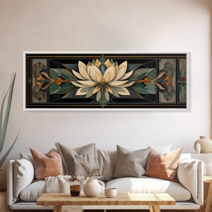 Geometric Lotus Flower Framed Canvas Print, Art Deco Art, Blue Wallpaper, Living Room Decor, Watercolor Art, Glamour, ADA-3x1-28