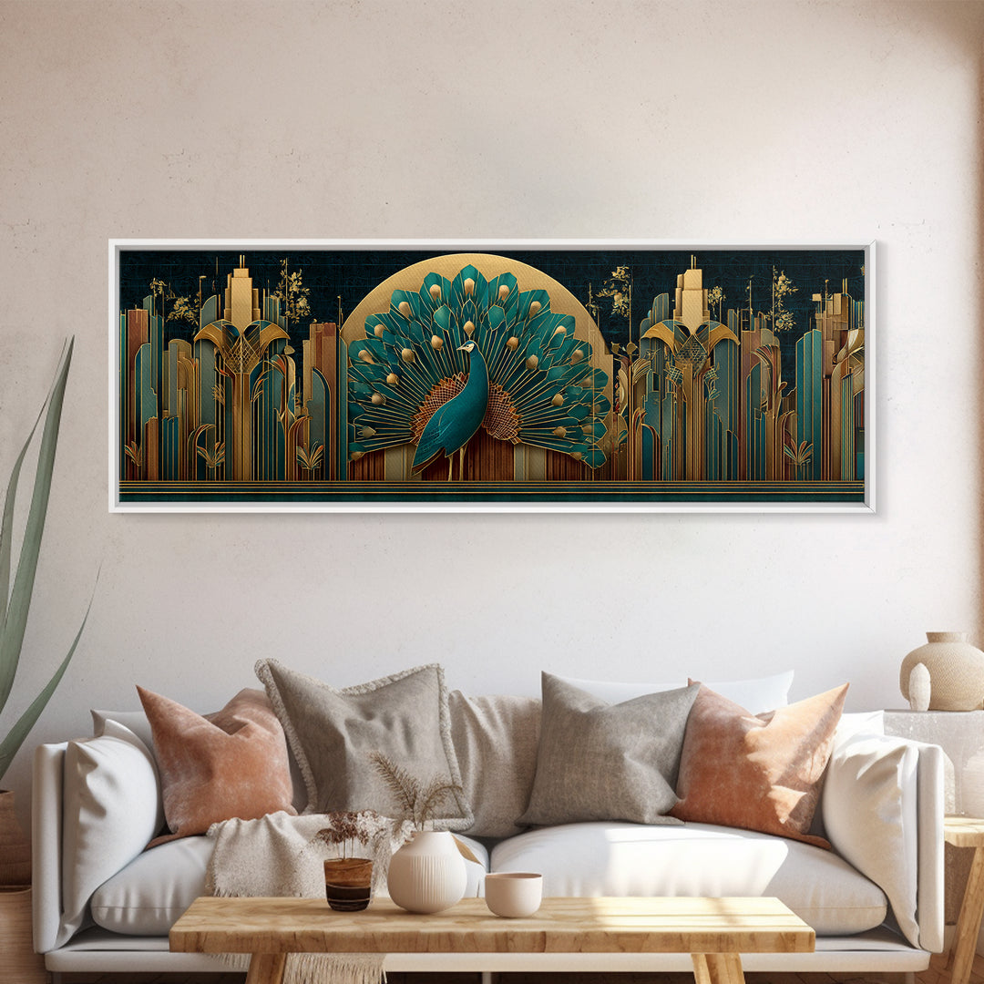Sleek Peacock with Jeweled Feathers and Stepped Canvas Print, Art Deco Art, Living Room Decor, Abstract Art, Glamour, ADA-3x1-43