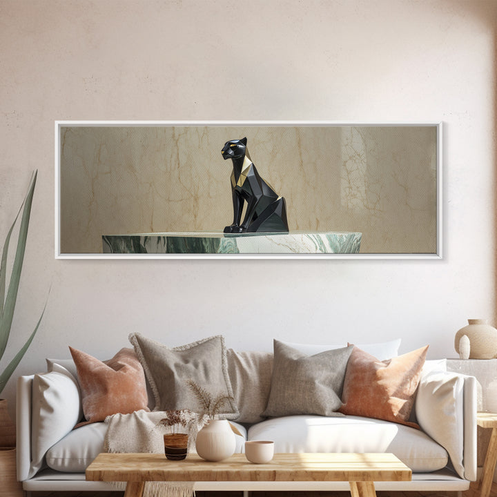 Black Panther Sculpture on a Marble Plinth Framed Canvas Print, Art Deco Art, Digital Art, Living Room Decor, Fine Art, Glamour, ADA-3x1-51