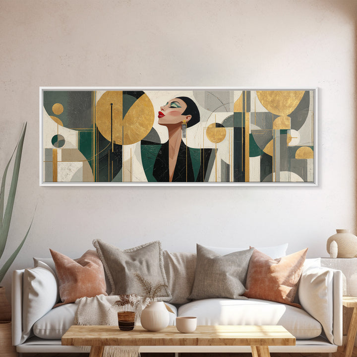 Moonlit Jazz Singer Framed by Gold Lines Framed Canvas Print, Art Deco Art, Living Room Decor, Abstract Art, Glamour, ADA-3x1-63