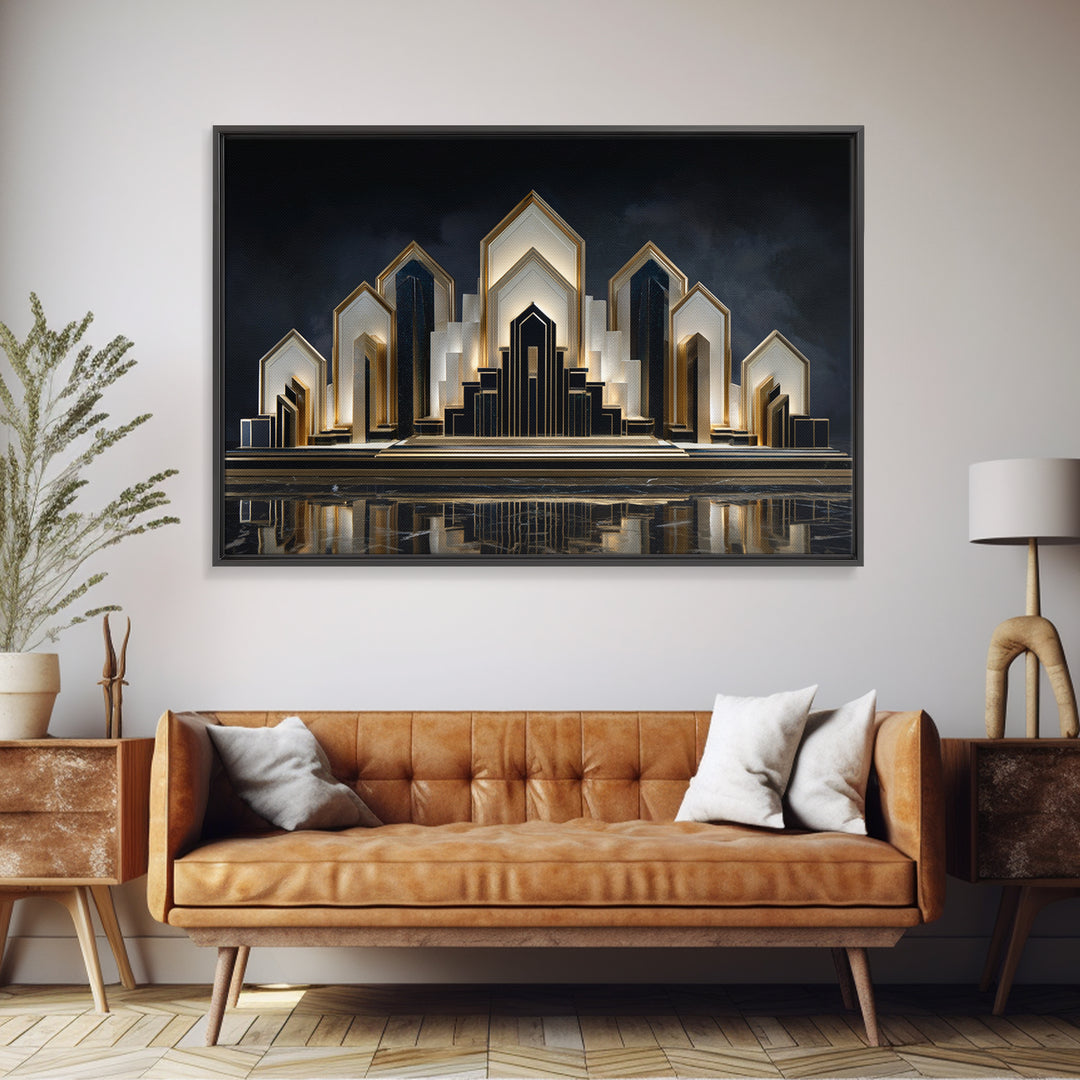 Stylized City Skyline Framed Canvas Print, Art Deco Art, Digital Print, Living Room Decor, Fine Art, Glamour, Downloadable Art, ADA-3x2-10