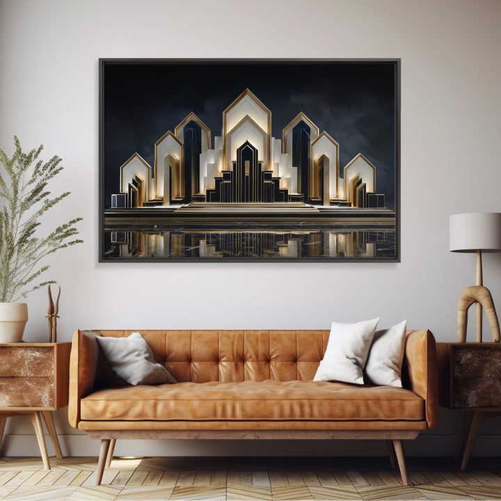 Stylized City Skyline Framed Canvas Print, Art Deco Art, Digital Print, Living Room Decor, Fine Art, Glamour, Downloadable Art, ADA-3x2-10