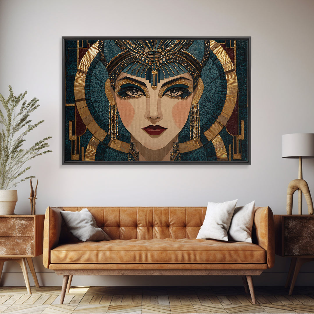 Flapper Portrait with Pearl Strands and Dramatic Framed Canvas Print, Art Deco Art, Boho, Living Room Decor, Fine Art, Glamour, ADA-3x2-18