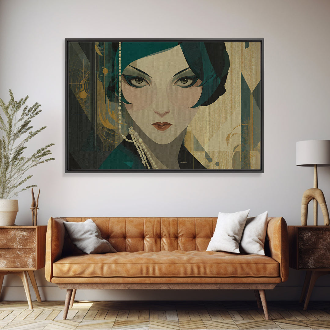 Flapper Portrait with Pearl Strands and Dramatic Canvas Print, Art Deco Art, Printable Art, Living Room Decor, Oil Painting, ADA-3x2-42