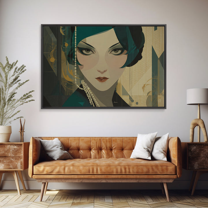 Flapper Portrait with Pearl Strands and Dramatic Canvas Print, Art Deco Art, Printable Art, Living Room Decor, Oil Painting, ADA-3x2-42