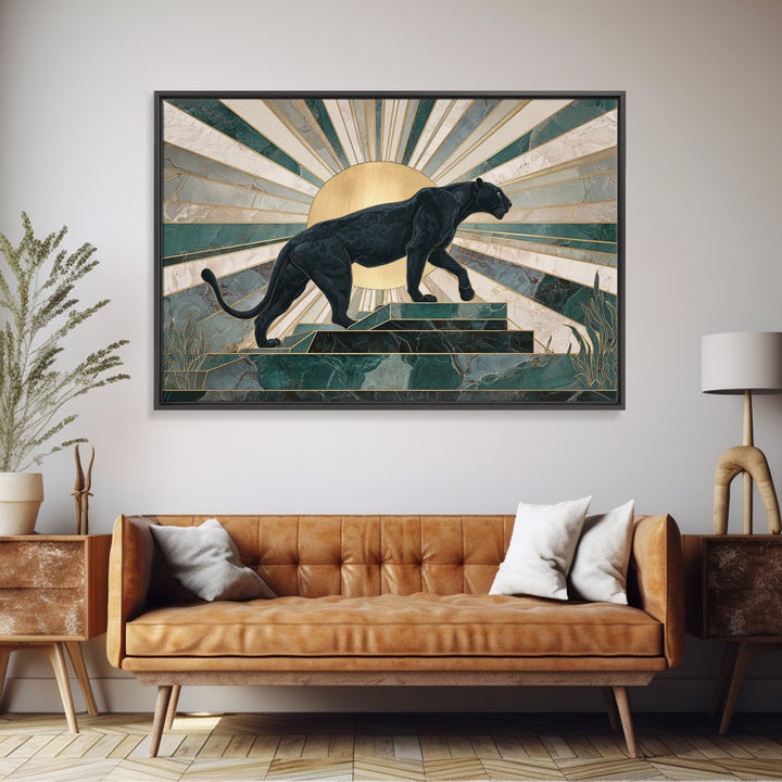 Black Panther Sculpture on a Marble Plinth Framed Canvas Print, Art Deco Art, Wall Art Print, Living Room Decor, Glamour, ADA-3x2-63