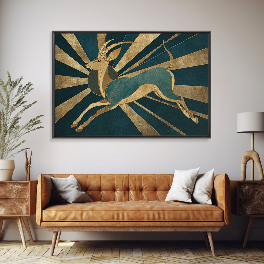 Stylized Gazelle Leaping Through Gold Rays Canvas Print, Art Deco Art, Downloadable Art, Living Room Decor, Glamour, Art Print, ADA-3x2-65