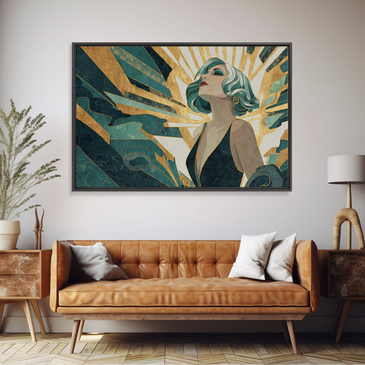 Moonlit Jazz Singer Framed by Gold Lines Canvas Print, Art Deco Art, Decor, Living Room Decor, Abstract Art, Glamour, ADA-3x2-75