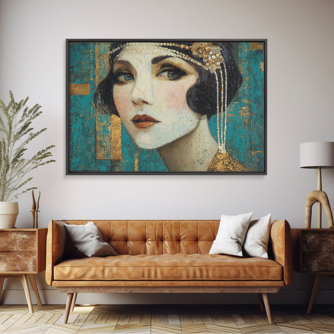 Flapper Portrait with Pearl Strands and Dramatic Canvas Print, Art Deco Art, Removable Wallpaper, Living Room Decor, Glamour, ADA-3x2-90