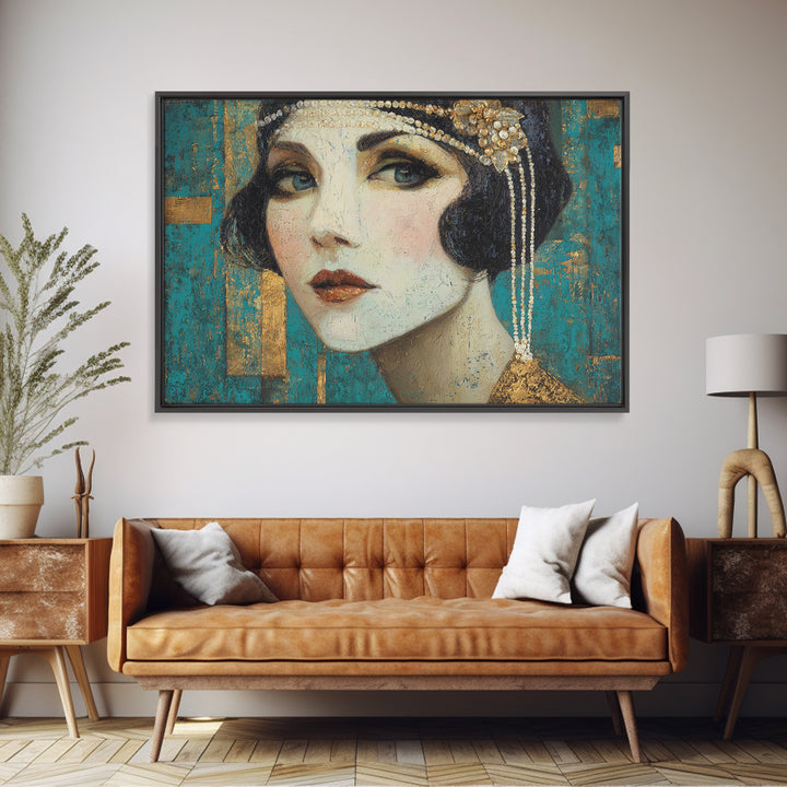 Flapper Portrait with Pearl Strands and Dramatic Canvas Print, Art Deco Art, Removable Wallpaper, Living Room Decor, Glamour, ADA-3x2-90