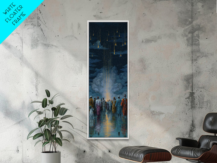 Robed Figures Watching Golden Light Rain From Clouds, Wall Art, Spiritual African Canvas Print, Mystical Home Decor Gift
