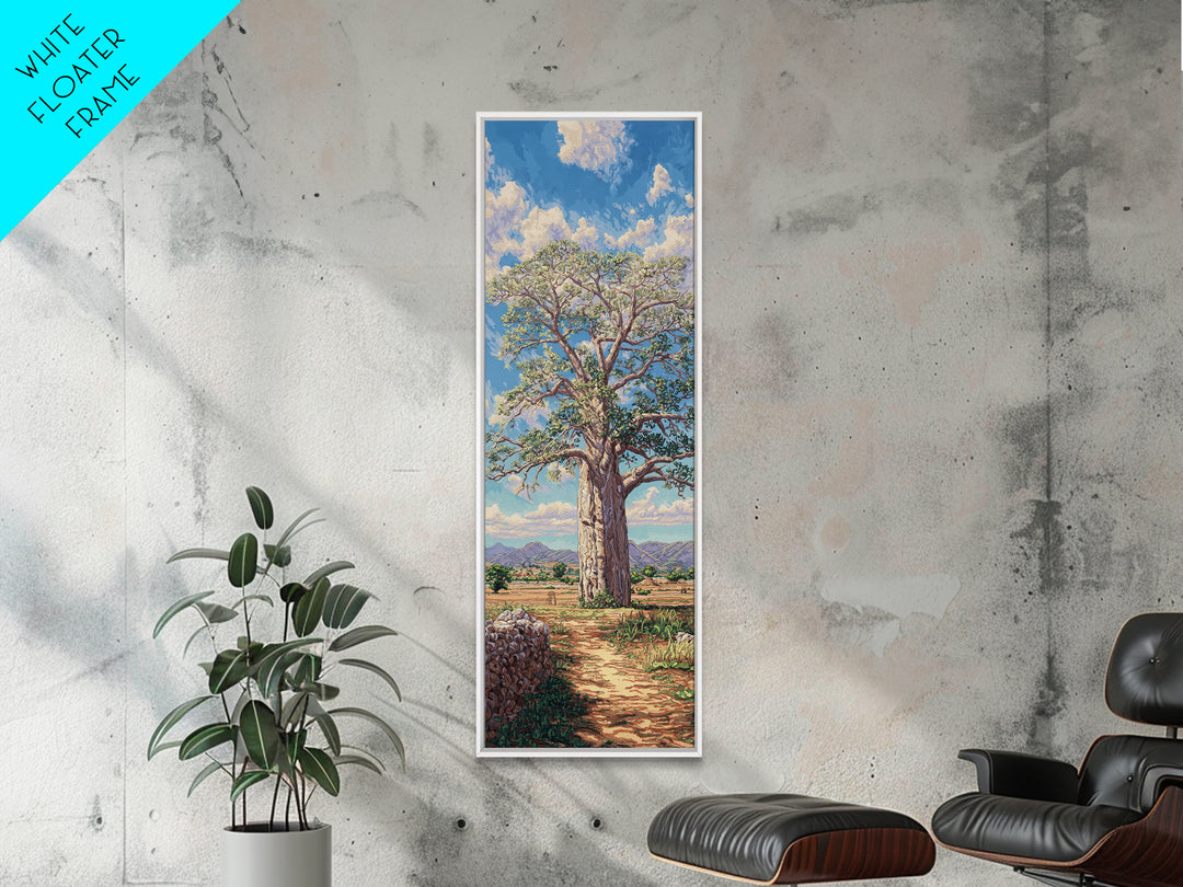 Sunlit Baobab Tree Landscape, African Wall Art, Safari Decor, Nature Scene Art, Blue Sky Framed Canvas Print Gift For Living Room
