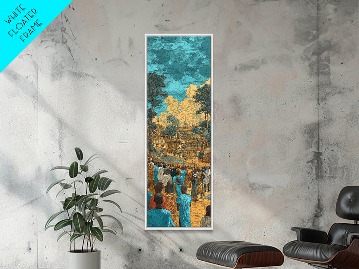 Bustling African Village Market, African Wall Art, Cultural Decor, West Africa Art, Turquoise Canvas Print Home Decor Gift