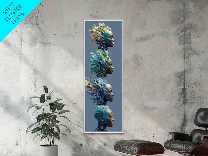 Four Blue African Women In Profile With Floral Hair Framed Canvas Print, Afrocentric Wall Art, Black Beauty Portrait Decor