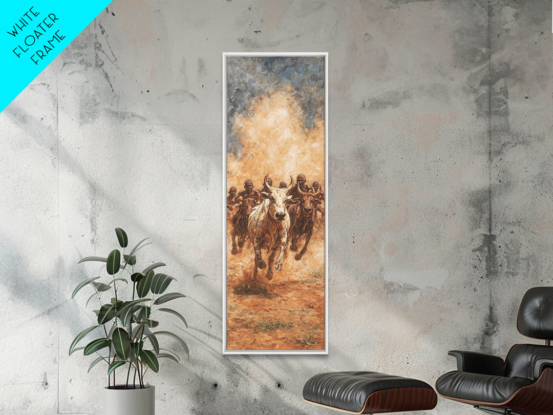 Dusty African Cattle Charge With Warriors Wall Art, Afrocentric Safari Painting, Tribal Culture Decor, Large Canvas Print