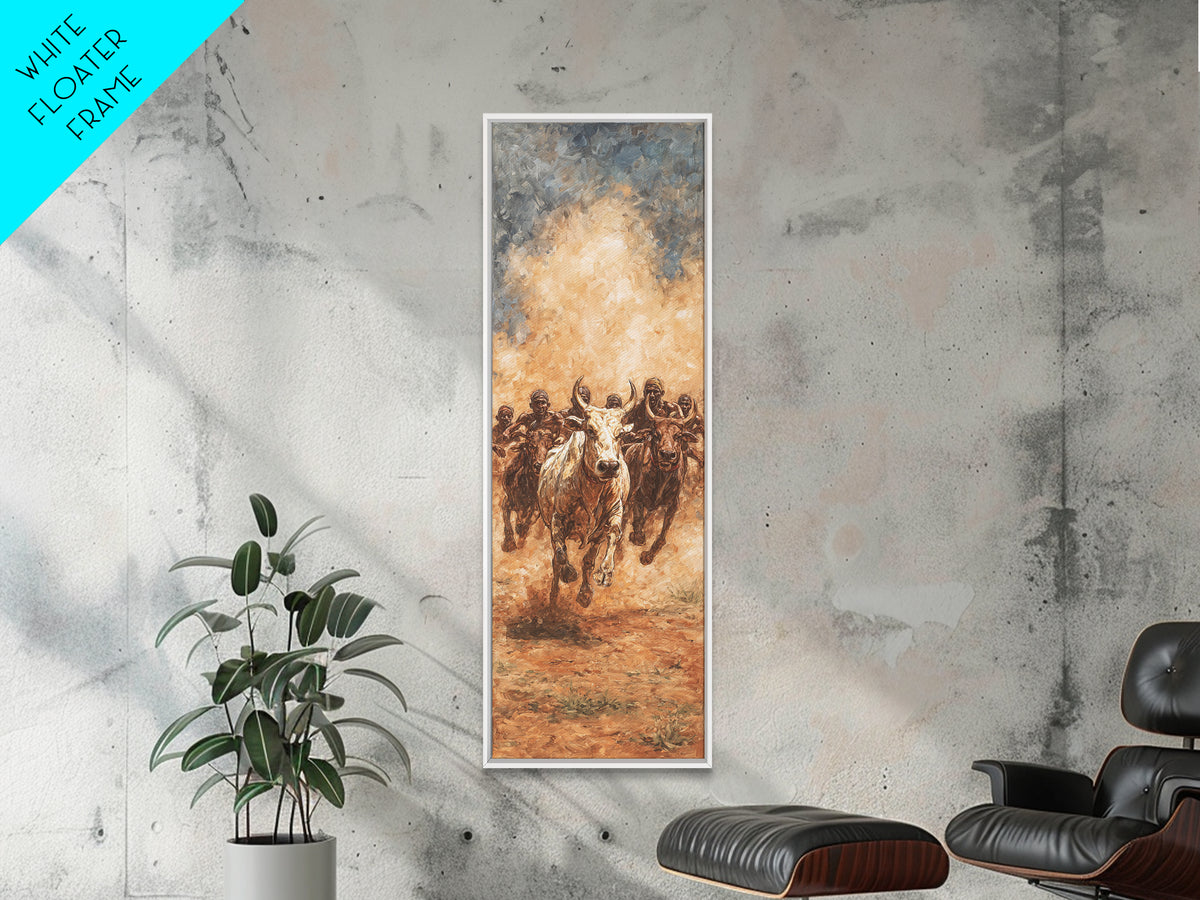 Dusty African Cattle Charge With Warriors Wall Art, Afrocentric Safari Painting, Tribal Culture Decor, Large Canvas Print