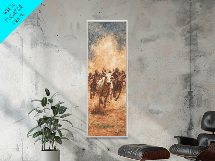 Dusty African Cattle Charge With Warriors Wall Art, Afrocentric Safari Painting, Tribal Culture Decor, Large Canvas Print