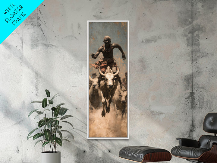 African Bull Rider Herding Cattle Framed Canvas Print, Warrior Portrait Wall Art, Afrocentric Safari Decor, Rustic Home Gift