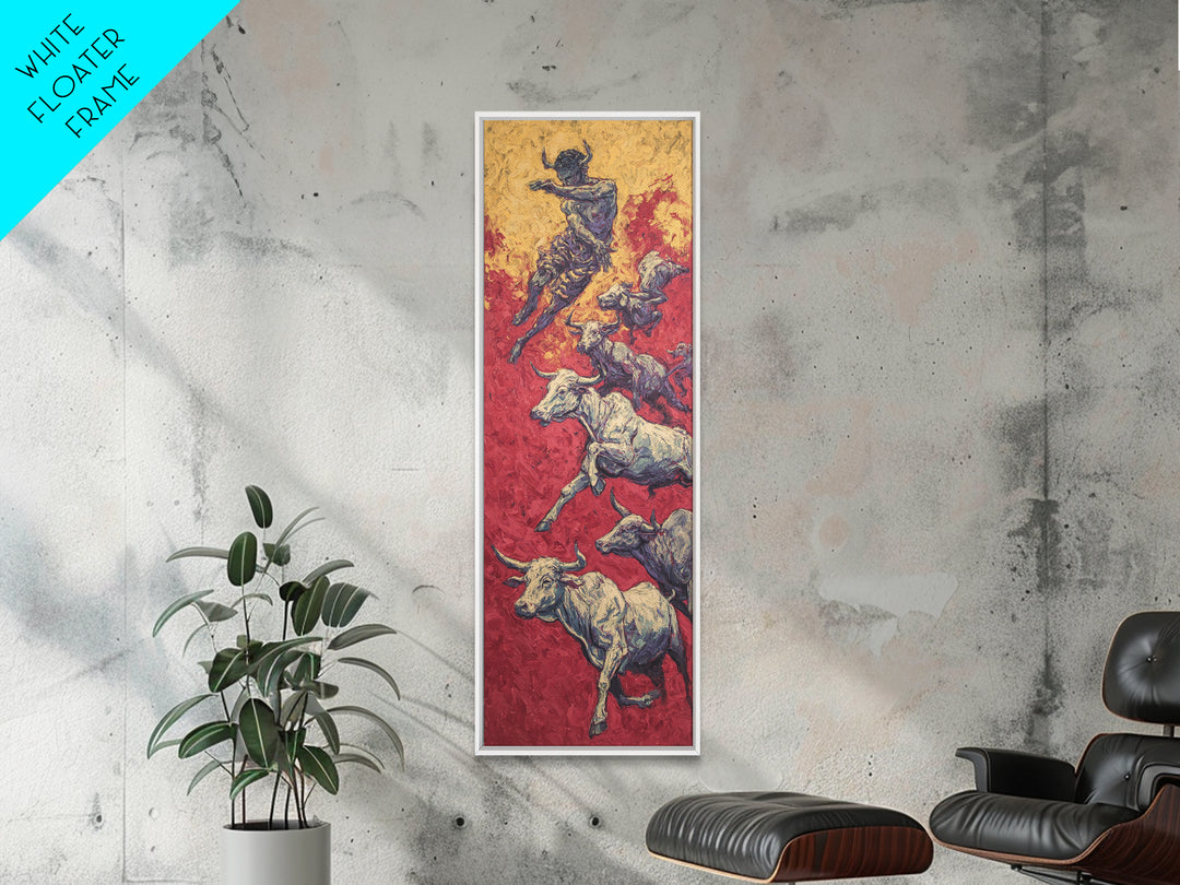 Leaping Bull Rider Over White Cattle Wall Art, African Warrior Art Canvas Print, Red Ochre Safari Decor, Bold Ethnic Gift