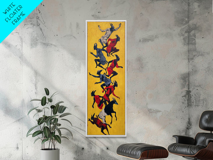 Yellow Abstract Dancers And Goats Canvas Print, African Tribal Art Wall Art, Red Black Ethnic Decor, Modern Culture Gift