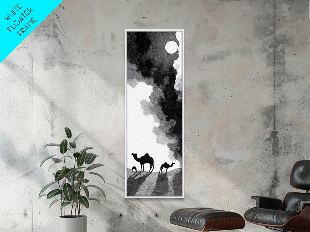 Black And White Desert Camels Under Sun Wall Art, African Landscape Canvas Print, Minimalist Safari Decor, Boho Travel Gift