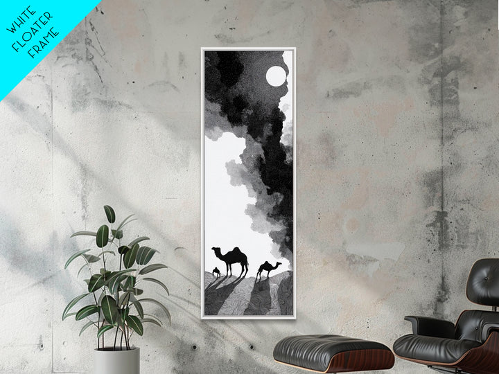 Black And White Desert Camels Under Sun Wall Art, African Landscape Canvas Print, Minimalist Safari Decor, Boho Travel Gift
