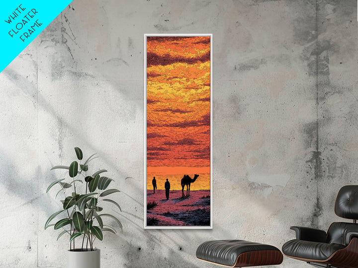 Orange Sahara Sunset With Camel Silhouettes Canvas Print, African Landscape Wall Art, Desert Travel Decor, Warm Boho Gift