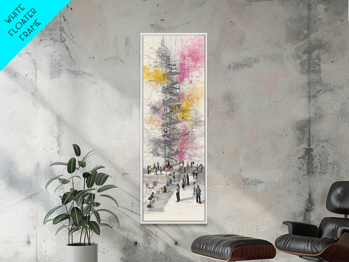 Spiral Tower In Blooming City Framed Canvas Print, Architectural Wall Art, Urban People Scene, Modern Office Decor Gift For Him