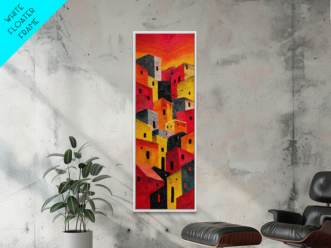 Bold Sunlit Geometric Village Wall Art, African Inspired Decor, Colorful Abstract Painting, Modern Boho Canvas Print Gift