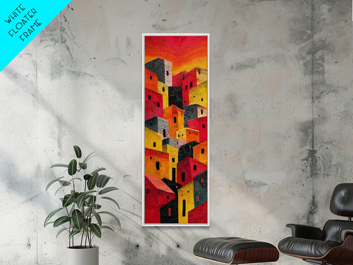 Bold Sunlit Geometric Village Wall Art, African Inspired Decor, Colorful Abstract Painting, Modern Boho Canvas Print Gift