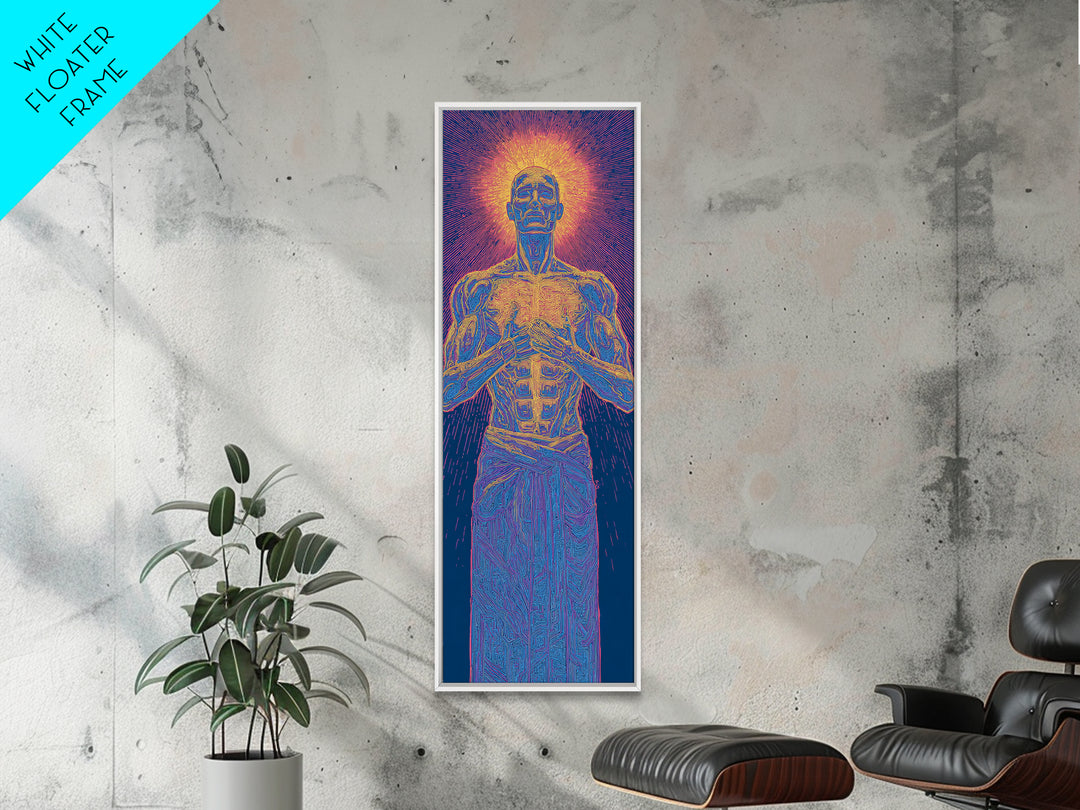 Glowing Anatomical Prayer Male Energy Figure Canvas Print, Spiritual Wall Art, Abstract Black Art, Meditation Room Decor Gift